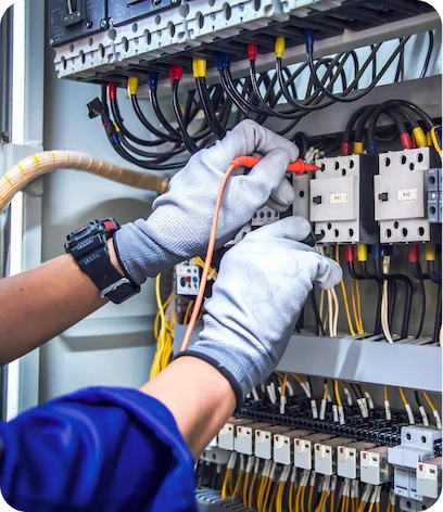 Expert electrician in Dubai fixing wiring in a Jumeirah Lake Towers office
