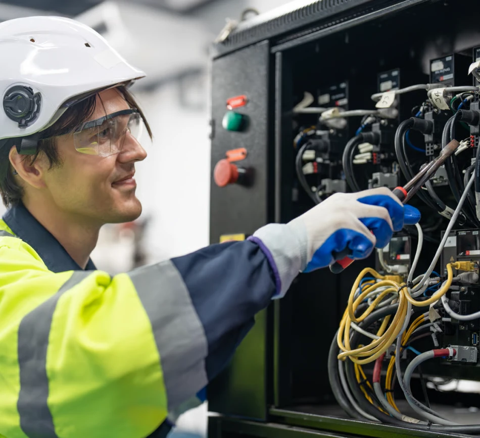 Friendly local electrician in Dubai working on a panel in Al Barsha