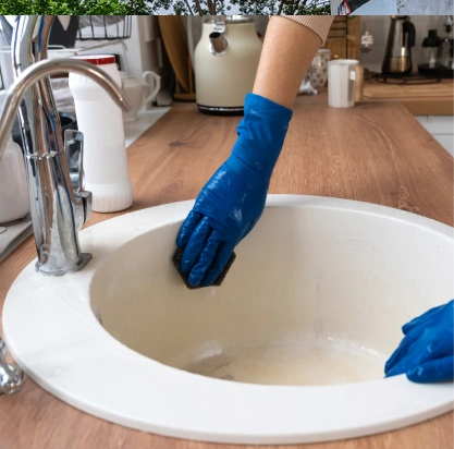 Sink Drain Cleaning Dubai Plumber unblocking a pipe during a sink drain cleaning in Dubai.